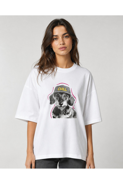 cc collection Women's White Chill Dog Printed Oversize Crew Neck T-Shirt