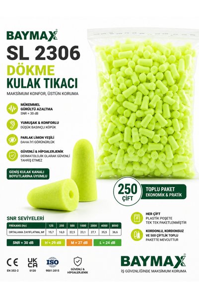 Baymax SL 2306 İş Güvenliği Kulak Tıkacı SNR 30 dB Tek Kullanımlık Köpük Kulak Koruyucu 250