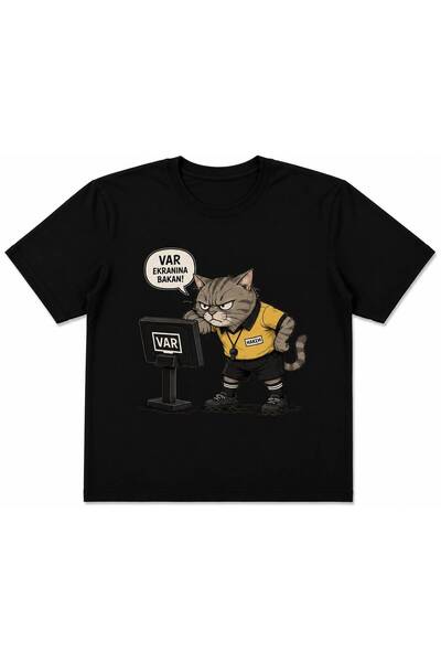 EYMORA VAR sudija okrenut ka ekranu, mačka na majici, unisex crna majica, 100...