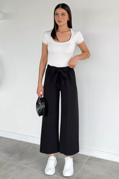Aryena Black Women's Tie-Waist Wide-Leg Pants