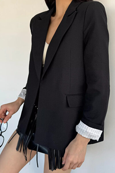 Aryena Black Perry Women's Double Breasted Collared Lined Linen Jacket