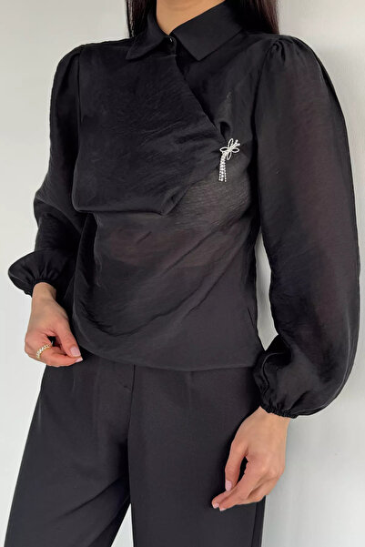 Aryena Black Women's Degaje Collar Brooch Detailed Blouse