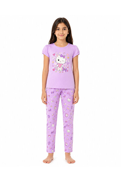 Generic Girls 2-Piece Pyjama Set Purple Cat Print, Age 10 | Short Sleeve Top,...
