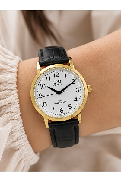 Q&Q Women's Wristwatch Gold Color Case Leather Strap Casual and Stylish Combi...
