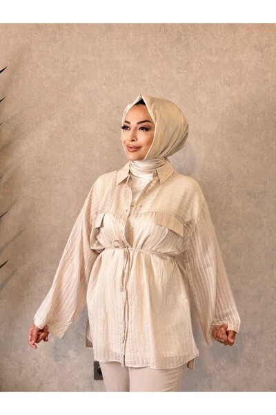 ALANURMODA 3379 قميص مخطط ذاتيًا بتفاصيل جيب وتفاصيل حجرية