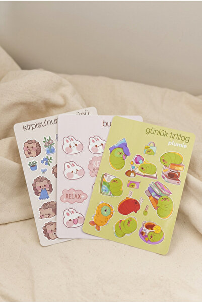 Plumie 3’lü Kawaii Karakter Sticker Sheet Seti A6 – Kirpisu, Bunnybon ve Günl...