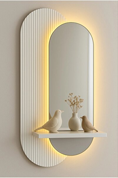 Home 40x90 cm Pleksi Aynalı LED Duvar Dekoru - Raflı,pilli