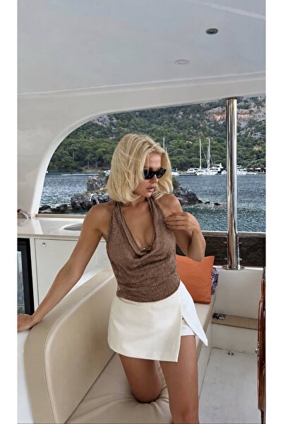 Up Trends Kadın Degaje Yaka Gold Simli Crop Top Bluz.