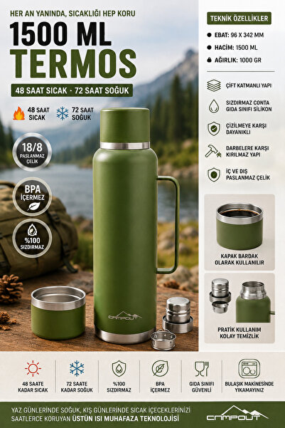 Rollino 1500ml Double Layer Steel Vacuum Camping Thermos 48 Hours Hot 72 Hour...