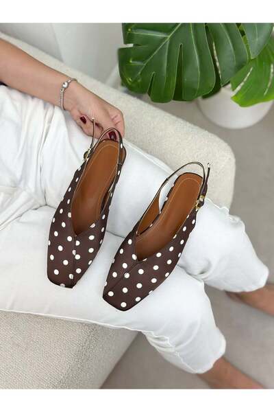 ERVANIN BUTİĞİ Coffee Satin (Lorey) White Polka Dot Buckle Detail Women's Bal...