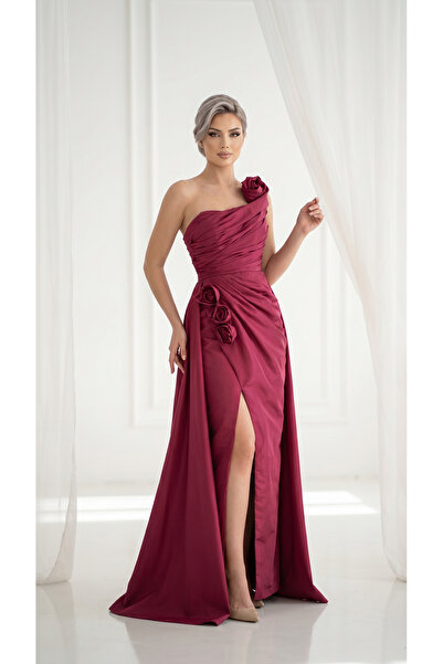 holie dress TEK OMUZ DRAPELİ GÜL DETAYLI YIRTMAÇLI UZUN ABİYE ELBİSE