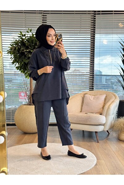 Afili 4300 طقم تينسل برباط ياقة وسحاب أمامي باللون الأسود