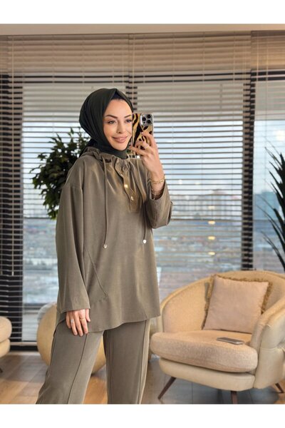 ALANURMODA 7416 Oysho Hooded Snap Fastener Set Khaki