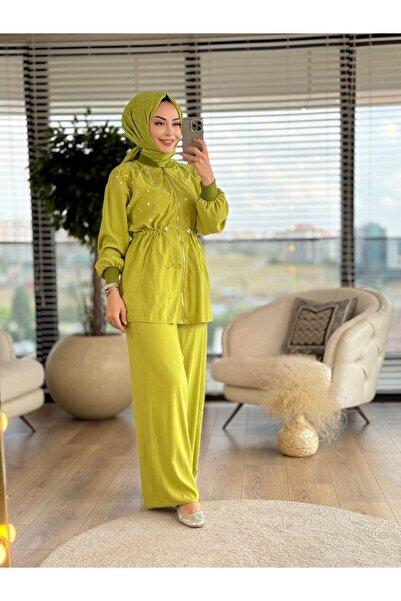 ALANURMODA 30846 بدلة بتفاصيل حجرية وسحابات باللون الأخضر الزيتي