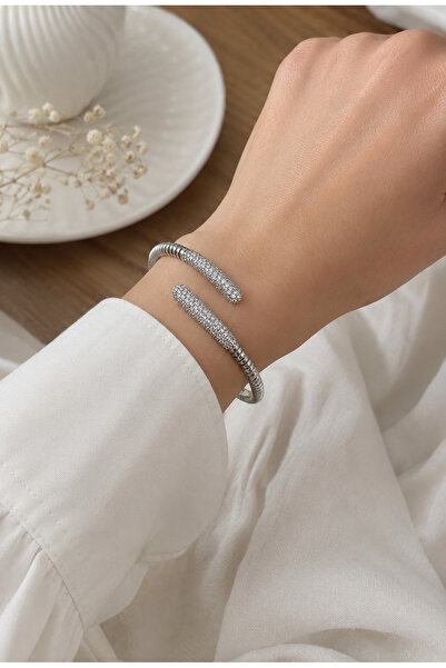 Belasso Vip Silver Color Zircon Stone Open-Ended Women's Handcuff Bracelet