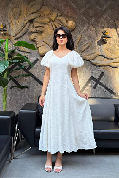 sunfyre Women's V-Neck Balloon Sleeve Midi Length Dress Sun400