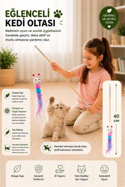 demapet 40 cm Wooden Handle, Cute Caterpillar Cat Fishing Rod with Bell