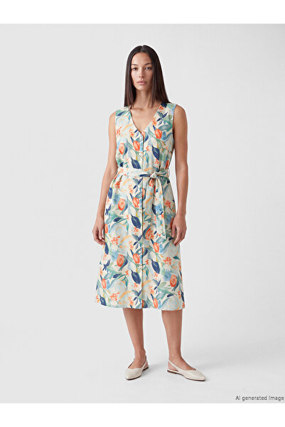 LC Waikiki Lcw Everyday Green V-Neck Floral Belted Dress