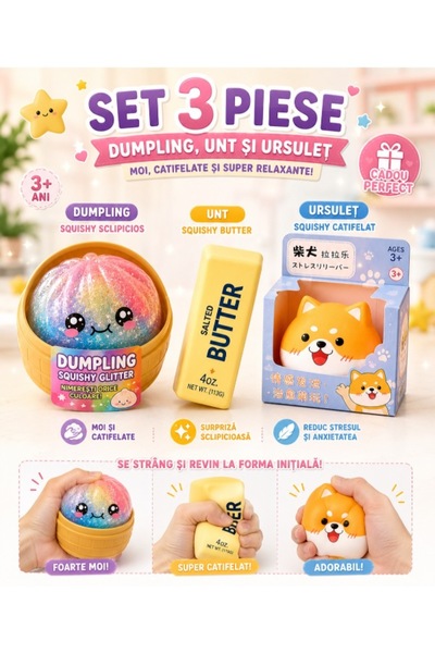 DBR Set 3 Jucării Squishy Antistres Dumpling cu Sclipici, Unt (Butter), Ursul...