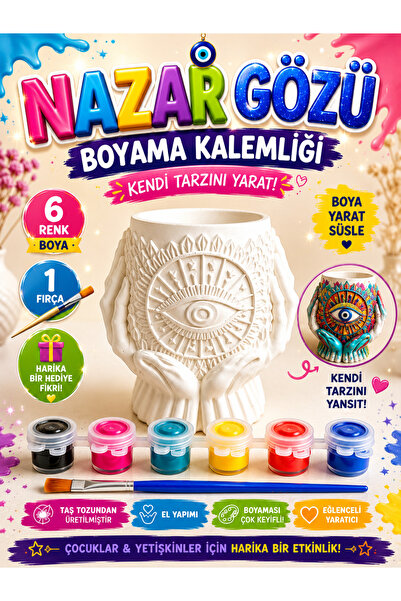 elvanhobi Nazar Boncuğu Kalemlik Boyama Seti 6 Boya 1 Fırça Dekoratif Obje