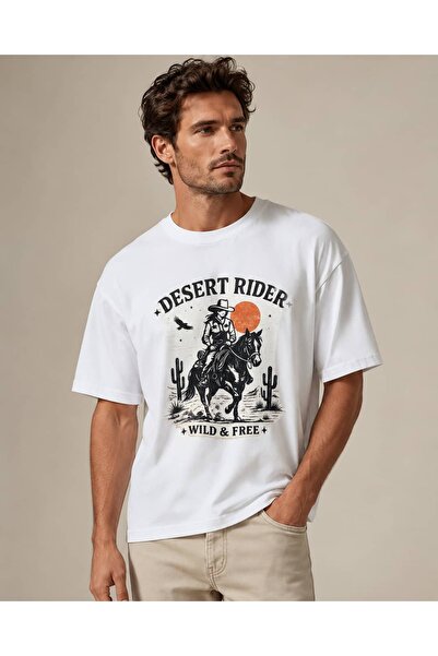 CANMODA تي شيرت أبيض كبير الحجم للجنسين مطبوع عليه Desert Rider Cowboy Horse ...