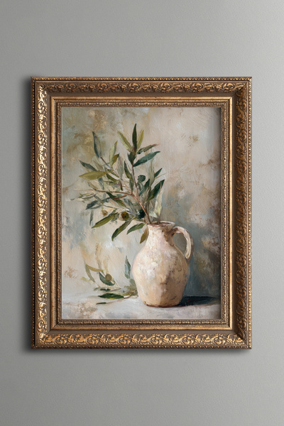 epiqart Rustic Vase and Olive Branch – Vintage Patterned Painting – Thick Model