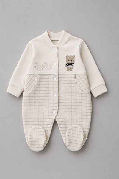 My Babies Label Ayıcık Ve Kare Desenli %100 Pamuklu Erkek Bebek Tulum – Ekru