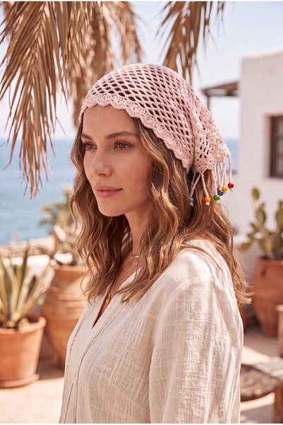 Brexia Boho Knot Women's Bead Detailed Organic Cotton Knitted Bandana