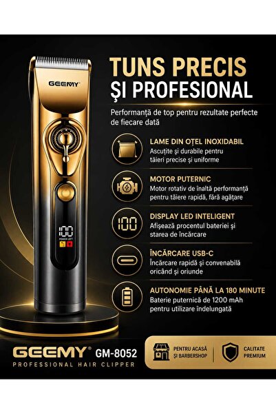 Geemy Mașină Profesională de Tuns GM-8052, Display LED, Acumulator 1200 mAh, ...