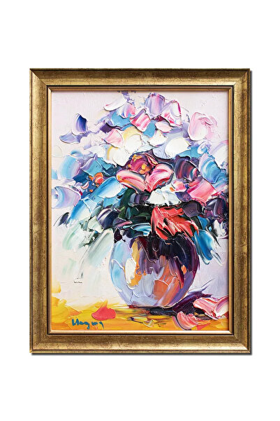 artnova Tablou vaza cu flori impasto pictat manual inramat, 45x35cm ulei pe p...