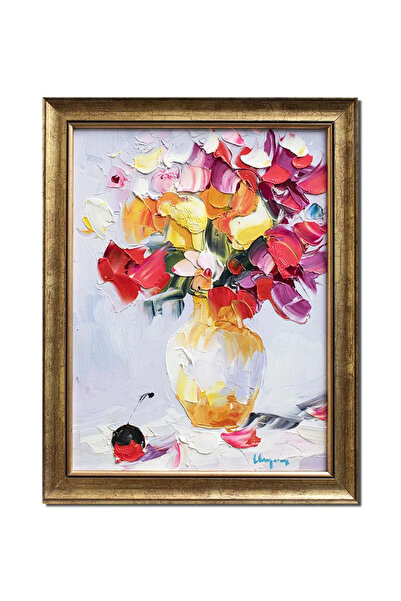 artnova Tablou vaza cu flori pictat manual inramat, 45x35cm ulei pe panza, ra...