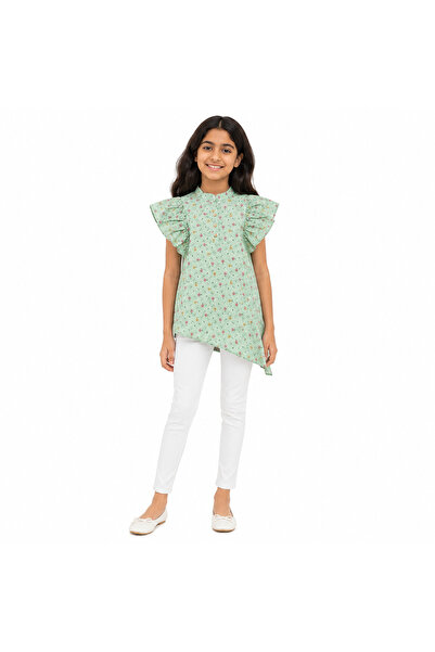 Generic Girls' Green Floral Print Ruffle Sleeve Asymmetrical Design Blouse