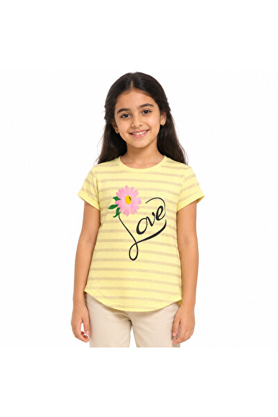 Generic Girls Casual Love Flower and Gold Stripes Print T-Shirt |   Short Sle...