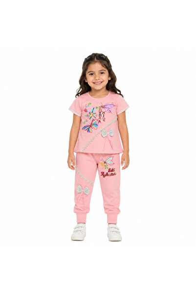 Generic Girls' Set Pink Butterfly Graphic T-Shirt and Pants Two-Piece Set