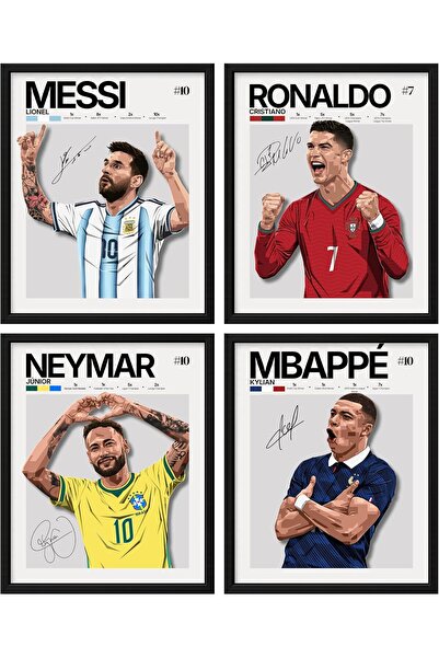 HOME MODE 4-Piece A4 Poster Set | Messi Ronaldo Neymar Mbappe | Minimalist Fo...