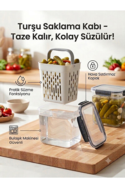Mihremir 2 L Turşu Saklama Kabı – Süzgeçli ve Kilitli Kapaklı