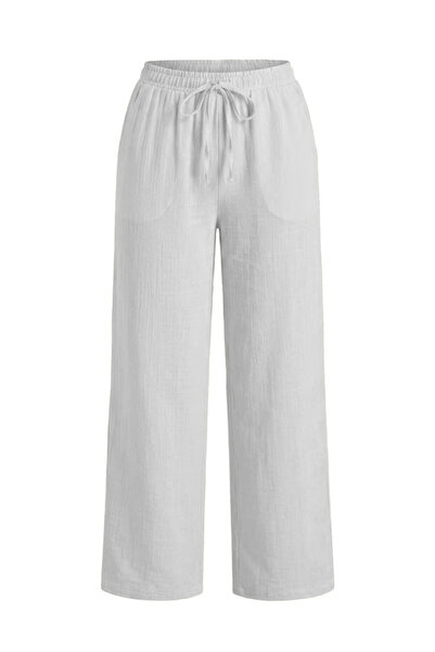 Crep Linen Fabric Wide Leg Trousers Ecru