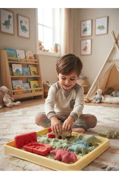Tıfıl Toys مجموعة الرمل الحركي ثلاثية الأبعاد على شكل ديناصور - حوض رمل 1000 جرام، مجموعة قوالب رملية 4 قطع