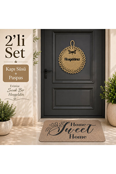 BERT 2'li Set Dekoratif Hasır "Hoşgeldiniz" Kapı Süsü ve "Home Sweet Home" Pa...