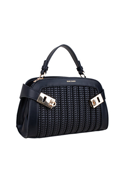 Duki Daso Women's Black Hand and Shoulder Bag - Knitted Textured Gold Lock Bag | Summer Black T8457