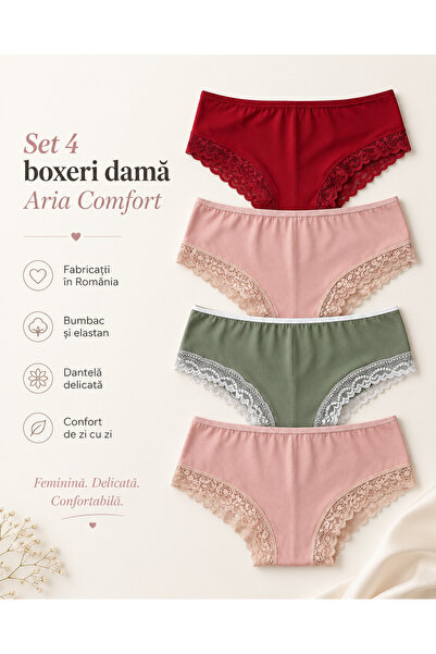 Aria Comfort Set 4 Boxeri Damă cu Dantelă Aria Comfort– Bumbac, (Roz Pudră, R...