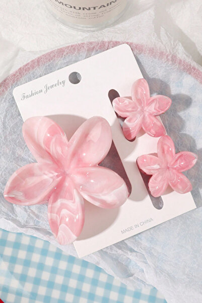 C&E Design Kadın İthal 3'lü Pembe Mermer Desenli Lotus Toka Seti