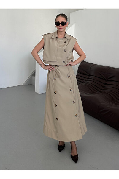 My Blog Beige Buttoned Design Crop Vest Skirt Set - 2Y23231