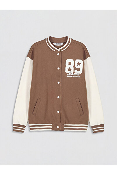 LC Waikiki Brown College Collar Boston Printed Girls' Jacket