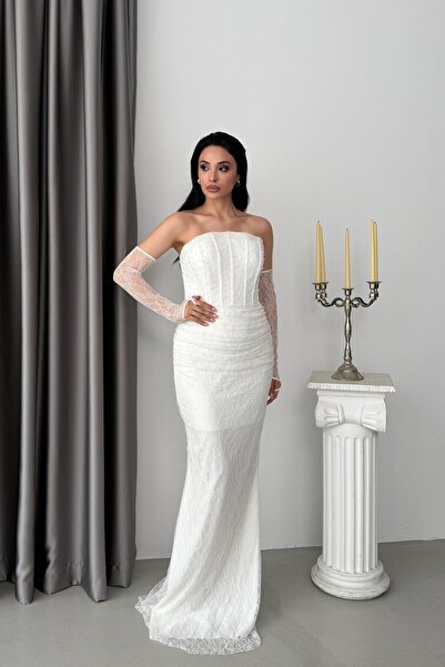 Serica Moda Beyaz Straplez Taş İşlemeli Balenli Eldivenli Dantel Abiye Elbise