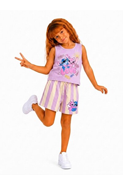 YİGİT BUTİK Girl's Character Printed Strappy T-Shirt and Striped Shorts Summe...