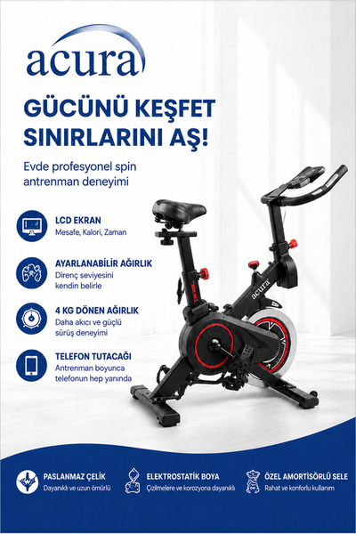 Acura AC-400 Nabız Ölçerli, Ayarlanabilir, Ekstra Konforlu Spin Bike Kondisyo...