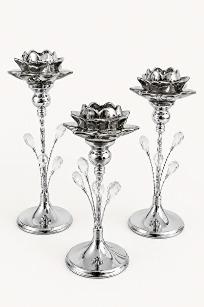 Vien Home 3'lü Gümüş Lotus Mumluk Seti Kristal Taş Detaylı Metal Şamdan Dekor...