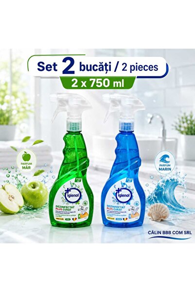 Igienol Set 2 x Dezinfectant Plus Curat Spray 750 ml – Parfum Măr și Parfum M...