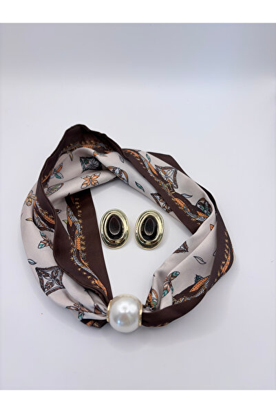 MAREM Satin Scarf Necklace and Earring Set with Magnet Pearl Detail 44 cm Wom...